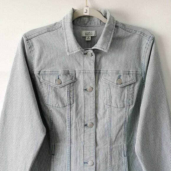 Croft & Barrow Womens Blue White Flap Pockets Striped Button Front Jacket Size M - Picture 2 of 7